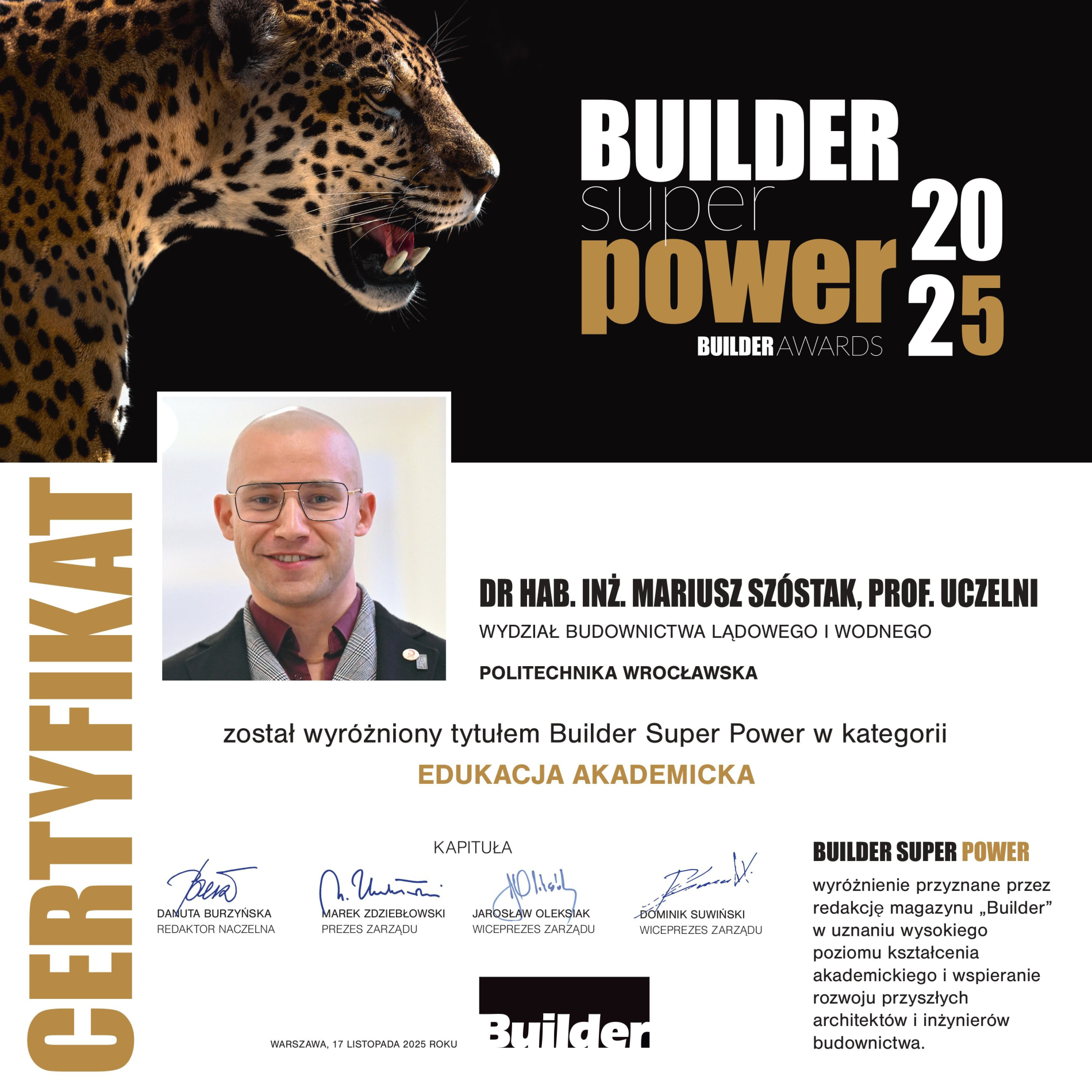 Certyfikat ze zdjeciem dr hab. inz. Mariusza Szóstaka